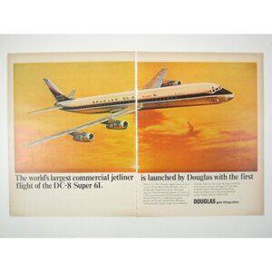 Douglas DC8 Super 61 First Flight Vintage 1960s Airline Sunset Sky Ad Print 2 PG